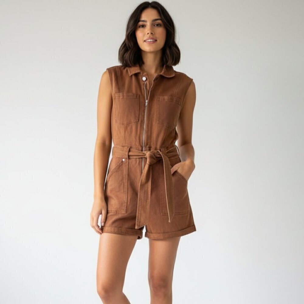 NWT Avec Les Filles Tan Orange Belted Waist Cargo Zip-Up Romper Shortalls 27